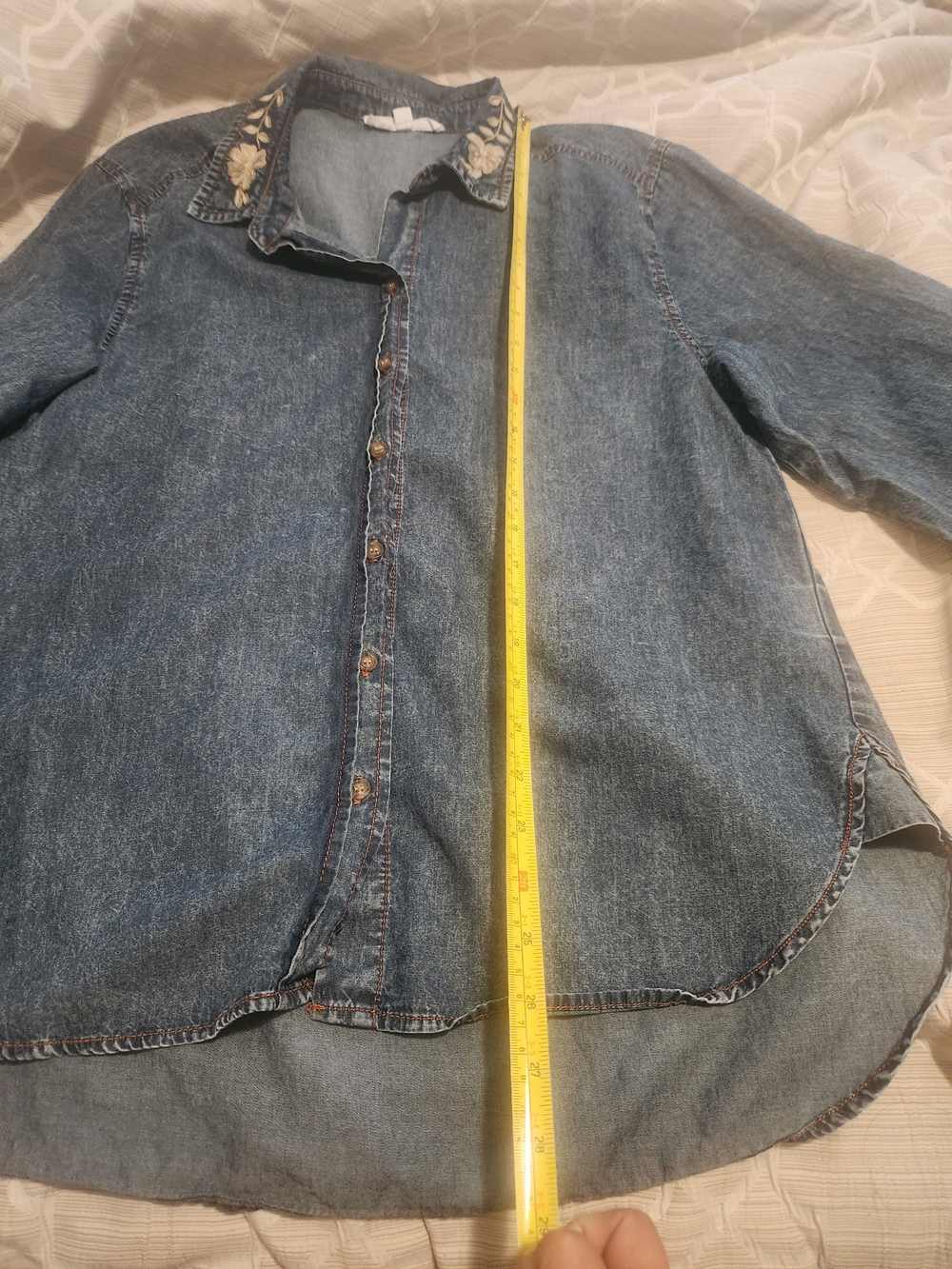 Embroidered Collar Dark Denim Button-Up Shirt - Picture 4 of 6